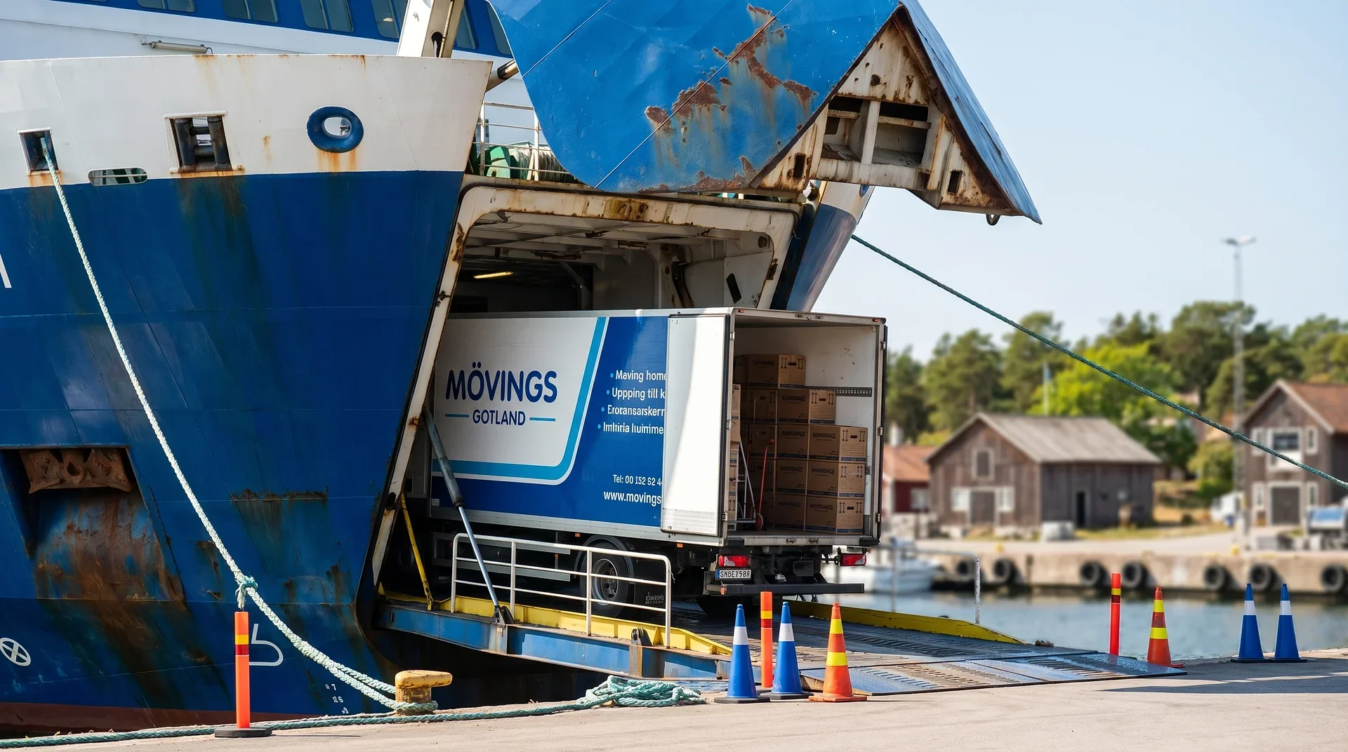 Flyttbil från Mövings Gotland lastar av färja vid hamn.